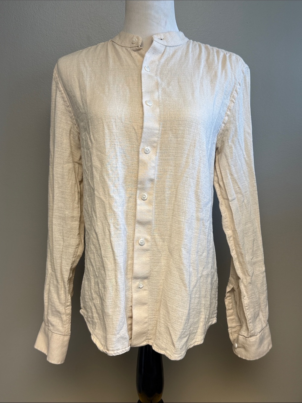 Primark XS Cream Textured Cotton Band Collar Button Shirt Regular Fit
